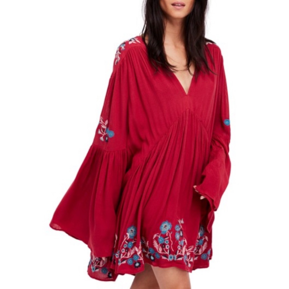 Free People Te Amo Floral Embroidered Bell Sleeves Mini Dress in Cherry